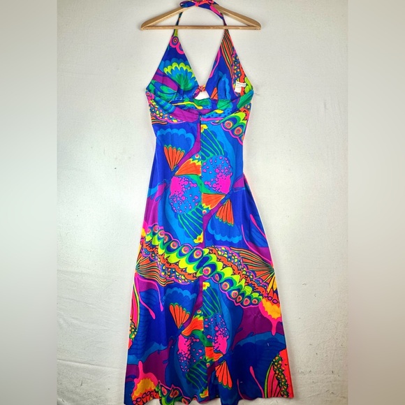Vintage Psychedelic Butterfly Print Halter Maxi Dress 60-70's Hawaiian - Picture 4 of 9